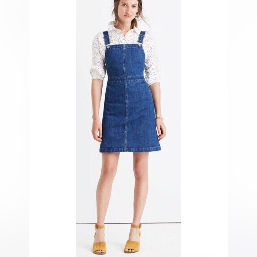 MADEWELL Overall Denim Jean Pinafore Jumper Dress in Indigo Blue 0